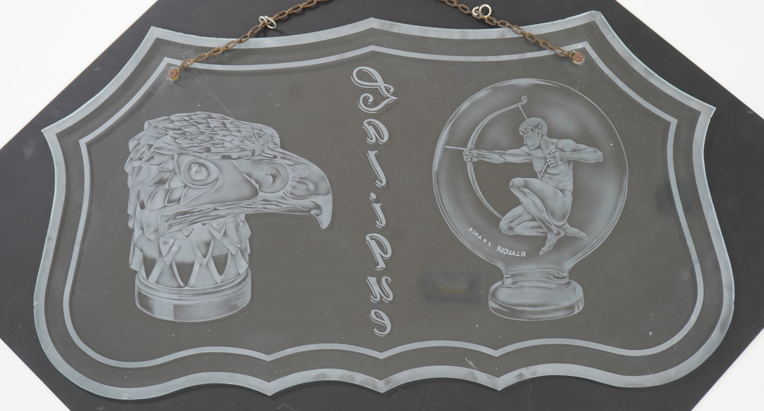 A rare boutique advertising hanging glass sign for Lalique